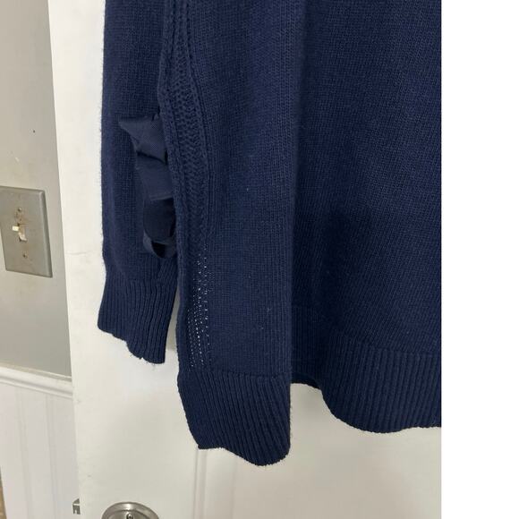 Banana Republic Italian Yarn Navy Blue Crewneck Tunic Sweater Crochet Bow Lrg - Picture 4 of 9